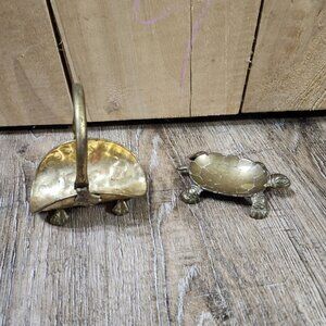 miniature  wood/kindling holder & turtle brass ashtray/trinket decor